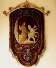 Antique Religious Church Banner. Heaven Or Hell Procession Saint Or Sinner Panel