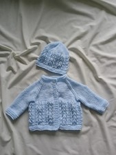 New Hand Knitted Baby Boys  Jacket + hat set Blue  Size New born