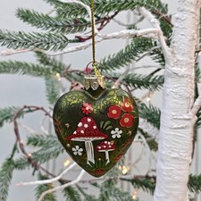 Scandi Alpine green glass heart toadstool Xmas tree decoration Gisela Graham