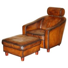 FULLY RESTORED COLLIN & HAYES HAND DYED BROWN LEATHER LOUNGER ARMCHAIR & OTTOMAN