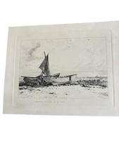 1829 Etching Yarmouth Cobles On The Beach By Edward William Cooke 16 x 15cm