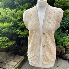 🌻 Vintage 60s Shades Crochet Knit Sleeveless Cardigan Vest Size S Cream Beige