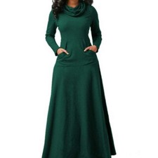 Womens Casual Pocket Maxi Dress Ladies Long Sleeve High Neck Pullover Dresses