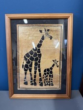 African Art Banana Leaf Fiber Collage Giraffe Safari Framed 11" x 14" Handmade