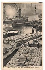 London Life Busy Port Docks workers barges sacks steam tugboat UNP Postcard