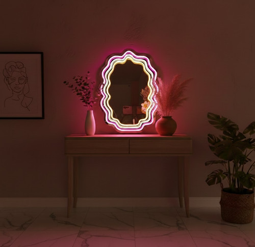 Wavy neon mirror wall decor - mirror, decor|
