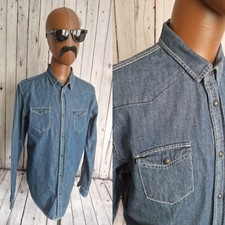 Zara Man Denim Shirt -Large SLIM FIT- Blue Cotton Mens Casual Snap Fasten CH36s