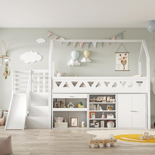 White wooden bunk bed - wooden, with