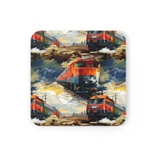Cork Back Coaster Train Scene Art Locomotive Railcar Railroad Home Decor Cool