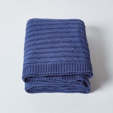 Navy Cable Knit Throw 130x170cm Soft Combed Cotton Blanket for Bed or Sofa