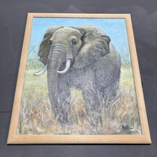 Vintage Original African Elephant Acrylic Painting On Board