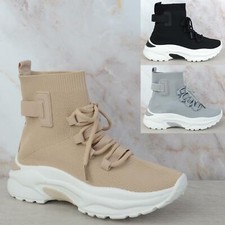 WOMENS LADIES CHUNKY SOCK KNIT LACE UP PLATFORM TRAINERS PUMPS SPORTS SHOES SIZE