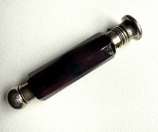 VINTAGE PURPLE AMETHYST GLASS SILVER DOUBLE END SCENT BOTTLE