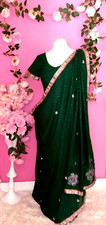 INDIAN GREEN SPARKLY BOLLYWOOD SAREE PARTY WEAR WITH GREEN READY MADE BLOUSE