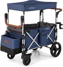 Navy Push Pull Stroller Wagon 2-Seater Folding Cart w/ Canopy 5-Point Harness