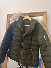 Topshop Khaki  Puffer Jacket Faux Fur Hood Size 8