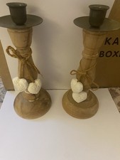 Shabby Chic Candlesticks X 2 Wooden With Attached Wooden Hearts