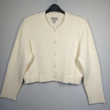 H&M Cardigan Jacket Size L Cream Boucle Knit Bomber Style Collarless Button Up