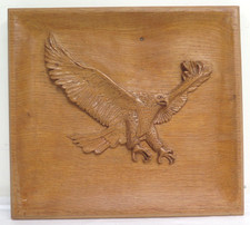 Hand-Carved Rectangular Oak Plaque Depicting an Eagle Landing 33.5cm x 30cm