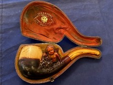 RUSSIAN MEERSCHAUM & AMBER PIPE, NAKED WINGED CHERUB TAKING BIRDS EGGS FROM NEST