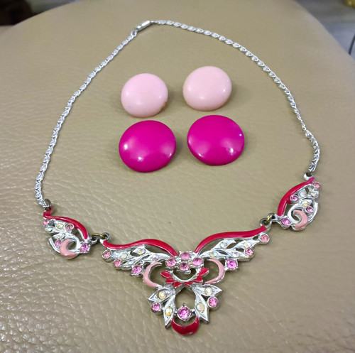 Vintage pink enamel - pink, rhinestone