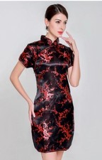 ✩Lovely Black Red Silk Cherry Blossom Cheongsam Oriental Dress 12✩