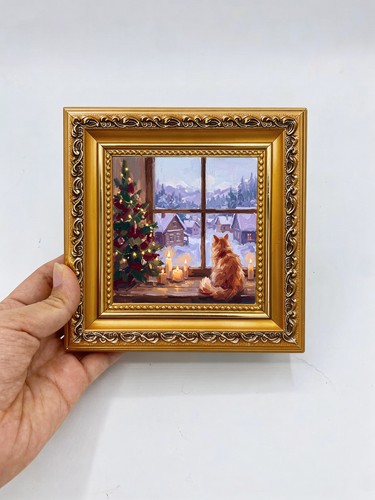 Cozy cat christmas window oil - cat,