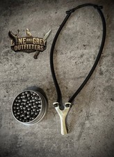 Mini Brass Slingshot/ Catapult, With Black Tubes Bands And Tin of 175 x 6mm Ammo