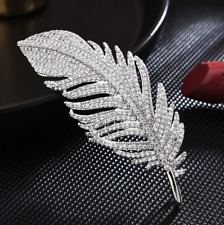 Crystal Feather Leaf Brooch Lapel Pins Wedding Suit Collar Clip Chain UK