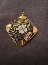Vintage Toledo Damascene 24ct Gold Inlay Pendant Necklace Floral Birds Square