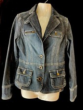 Denim Jean Jacket Size 6 Rivet Buttons Front Pockets Botton Front Collar Peplum