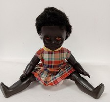 Vintage Black Soft Plastic Doll Made in England 1950s Plaid Dress 16in