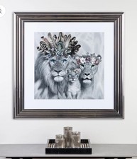 Lion Family & Cub Framed Picture 90 X 90 Silver Frame White Mount New Wall Art