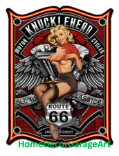 Route 66 Knucklehead Motorcycle Girl Cutout Shape Metal Sign, 3 Sizes Garage Art