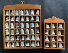 Collection of Porcelain Thimbles in Wooden Display Case Various Designs 2062