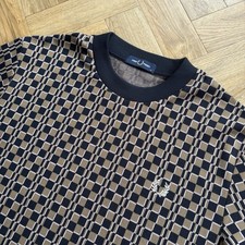 Fred Perry Glitch Chequerboard Short Sleeve Knit T-Shirt Brown Navy Extra Large