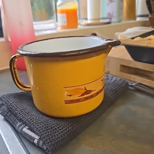 Vintage enamel saucepan jug - enamel,