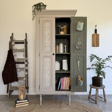 Freestanding Pine Pantry Larder Linen Cupboard, Painted Rustic Beige and White