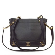 EGA CHANEL Triple Coco CC Logo Grained Calfskin Shoulder Tote Bag*/7BK0503