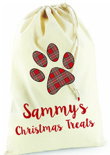 Personalised Christmas Red Tartan Cat Dog Sack Cotton Pawprint Bag Santa Sack