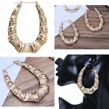 RETRO GOLD FASHION double sided CREOLE HOOPS fat bamboo twist rope HOOP EARRINGS