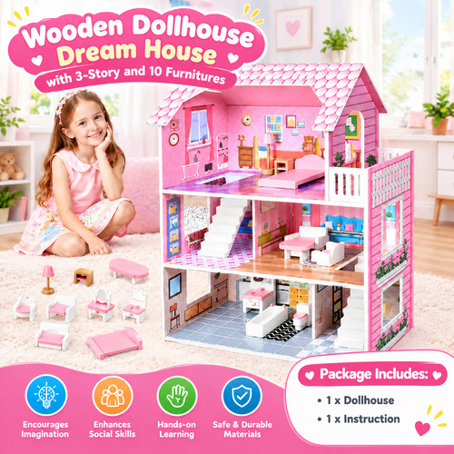 Large wooden doll house - wooden,
