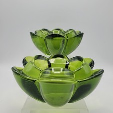 Olive-Green Lotus Glass Bowls-Pair 1960s Sklo Union Rosice, Czechoslovakia.
