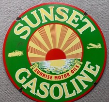 Vintage Large Enamel Advertising Sign Sunset Oil Antique Classic Cars Man Cave