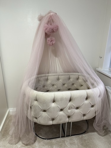 Beige upholstered baby - upholstered, crib