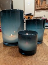 Set of 3 IKEA BLANDANDE Handmade Quality Frosted Glass Candle Holder/Vase, blue