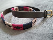 Polo Belt Argentinian Gaucho pink/navy with Brown Leather 58 Belt 
