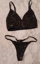 Ladies Black Sequin Bra & Thong Set Size Small 10/12 Brand New