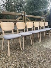 SIX LIGHT ASH DINING CHAIRS, UPHOLSTERED IN GREY FABRIC, GOOD CONDITION