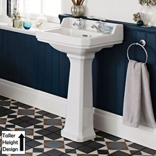 Traditional 500mm Comfort Height Full Pedestal Wash Basin 2 Tap Hole Sink White